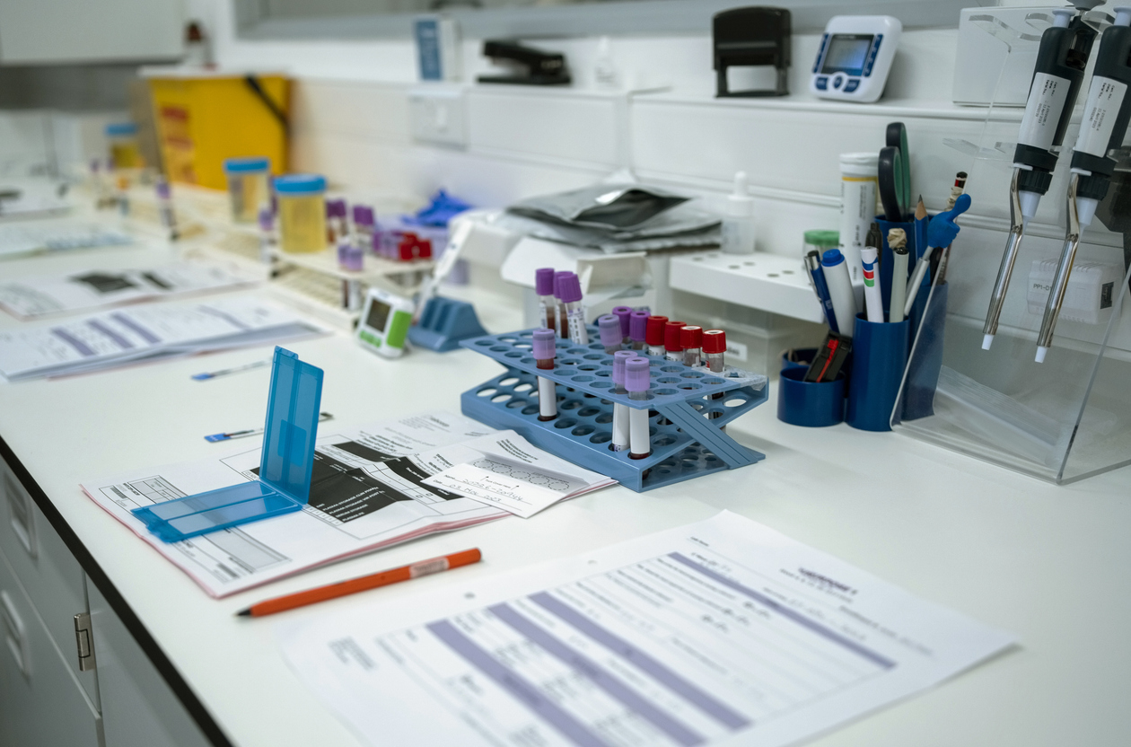 Shot of pathology analysis test sample slides and test result documents on table in clinical laboratory desk